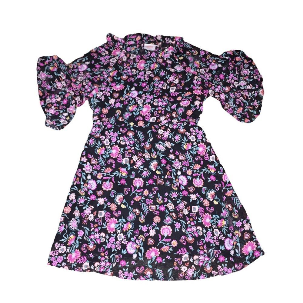 4/$20 Floral Flare Sleeved Dress Sz XS 4-5 Layered Keyhole Back